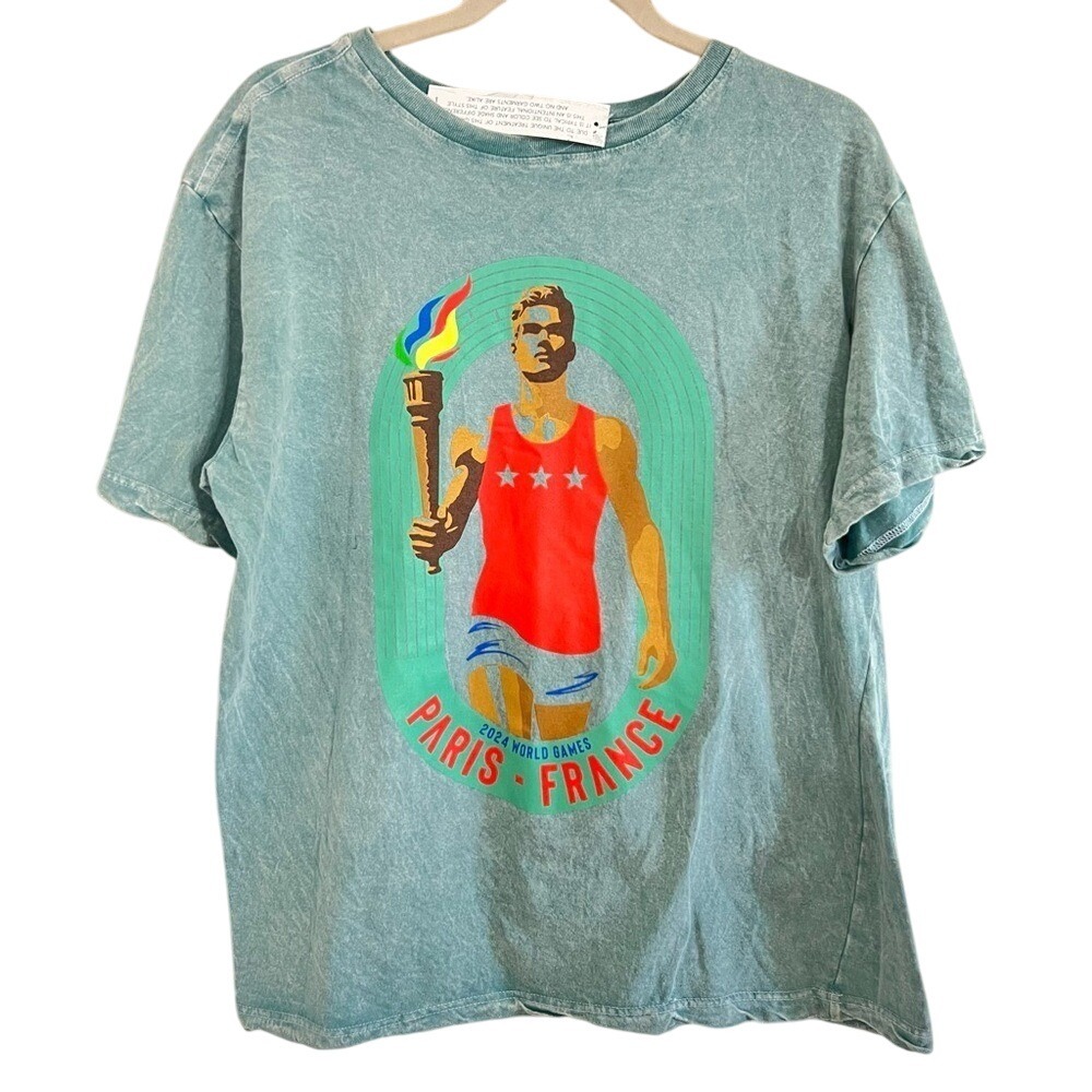 Miken 2024‎ Paris World Games Graphic T-Shirt Men's Large Green Distressed